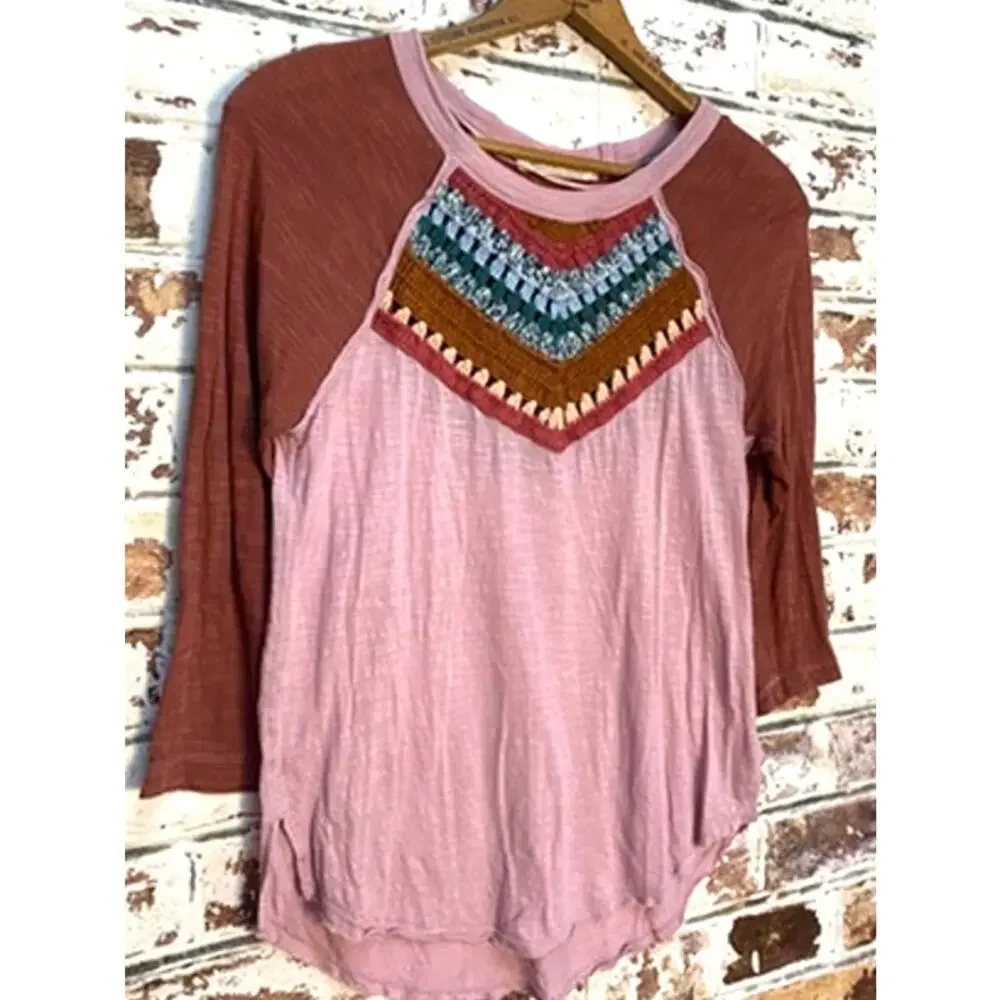Free People Spring Bound Mauve Crochet Raglan Cotton & Linen Blouse